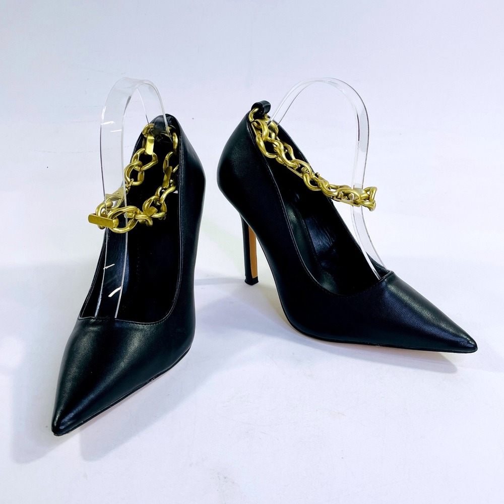 Express Black Pointed Toe Pumps Gold Chain Ankle Strap Stiletto Heels Size 7